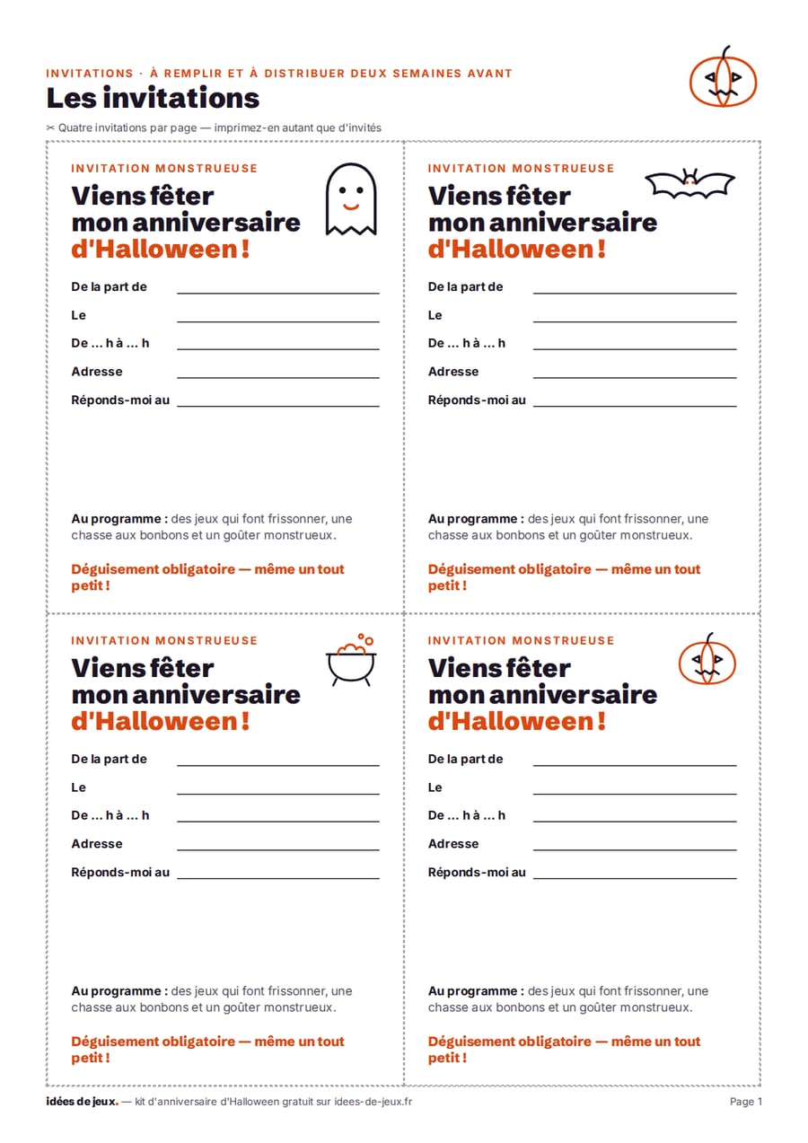 Invitations d'anniversaire d'Halloween à imprimer et à remplir : fantôme, chauve-souris, chaudron et citrouille