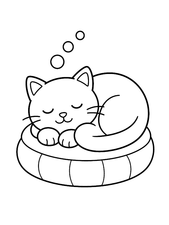 Coloriage d'un chat endormi roulé en boule sur un coussin rond