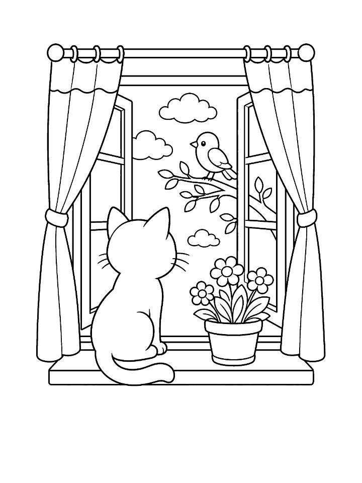 Coloriage d'un chat assis sur le rebord d'une fenêtre aux rideaux ouverts, qui regarde un oiseau sur une branche