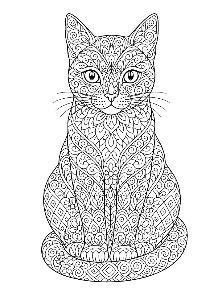 Coloriage de chat à motifs pour adultes, assis de face, le corps rempli de spirales, de ronds, de fleurs et de losanges