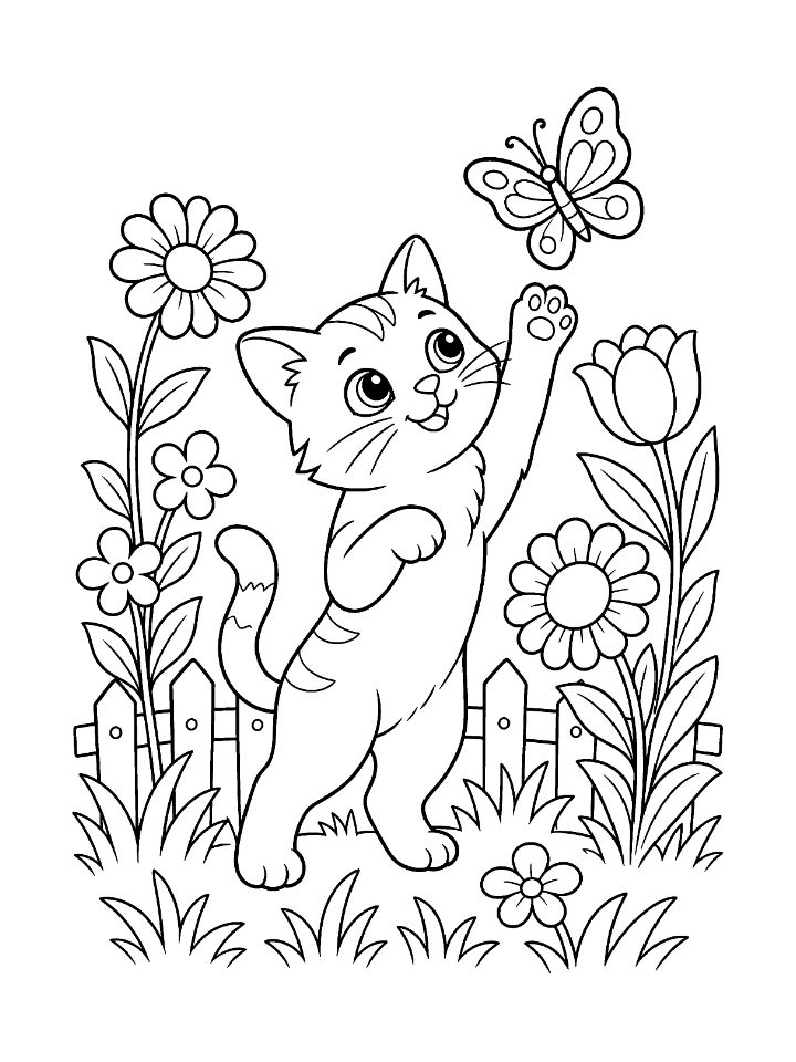 Coloriage d'un chat dressé sur ses pattes arrière qui essaie d'attraper un papillon dans un jardin fleuri