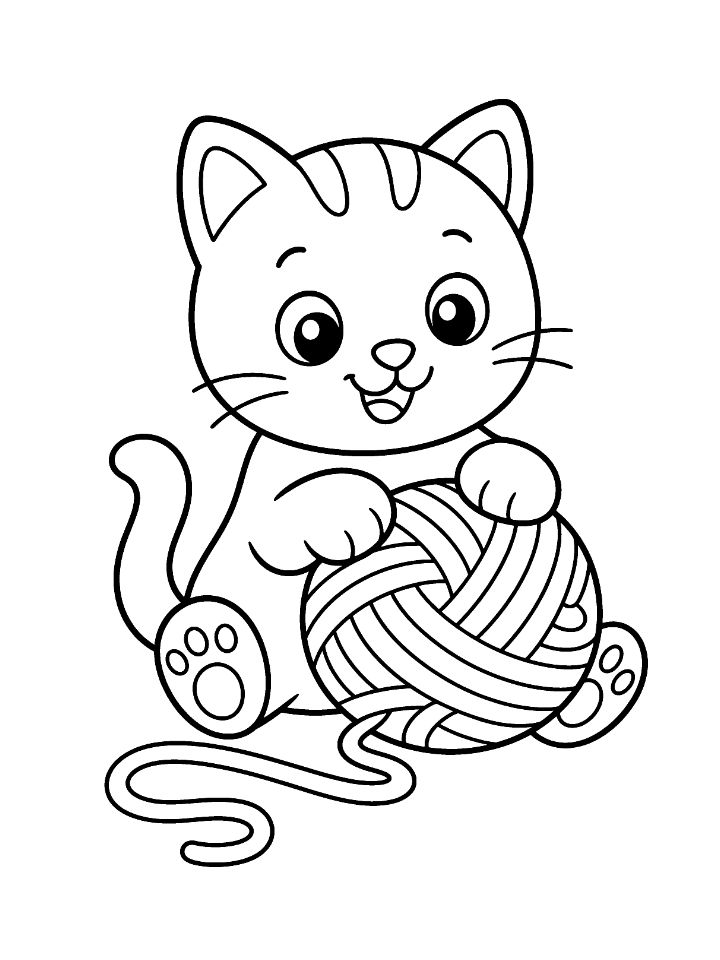 Coloriage d'un chaton assis qui joue avec une grosse pelote de laine