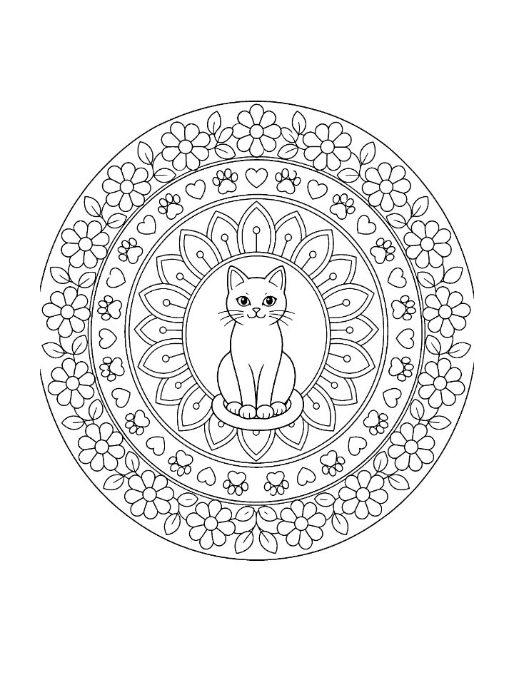 Mandala chat à imprimer : un chat assis au centre, entouré d'anneaux de pétales, d'empreintes de pattes, de cœurs et de fleurs