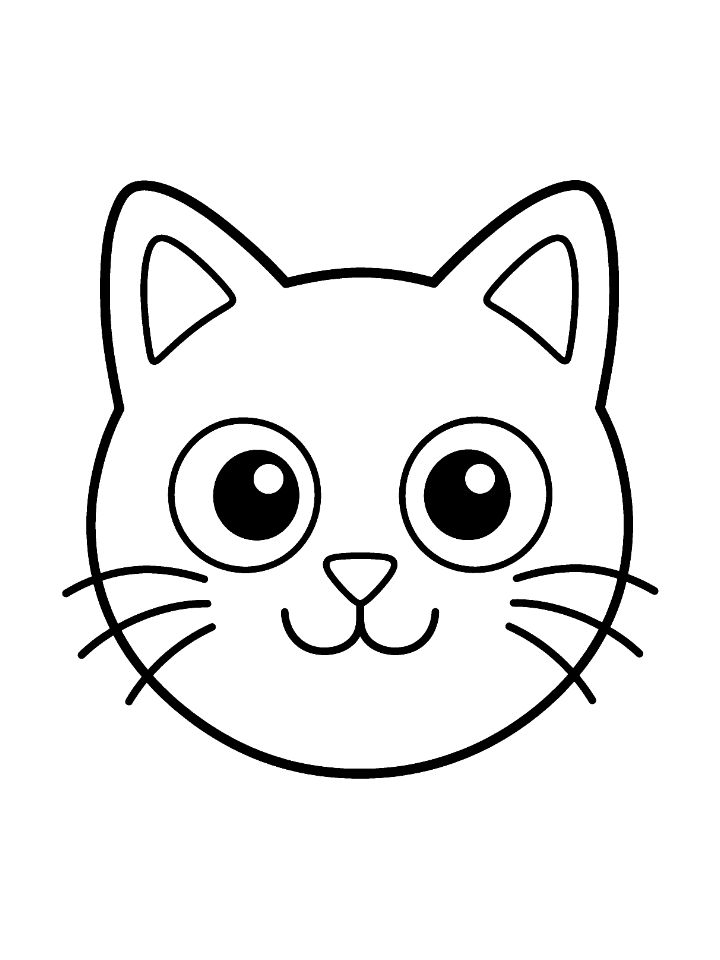 Coloriage très facile d'une tête de chat vue de face, avec de grands yeux, des moustaches et un sourire