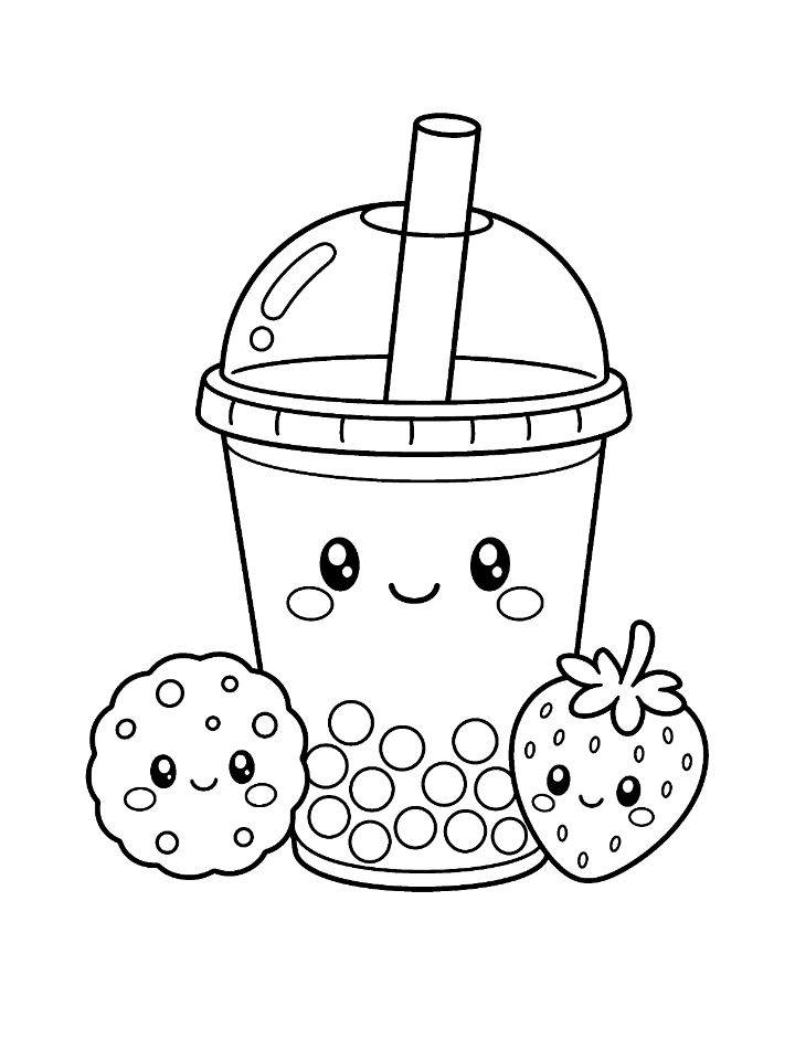 Coloriage kawaii d'un bubble tea souriant avec sa paille, ses perles, un cookie et une fraise