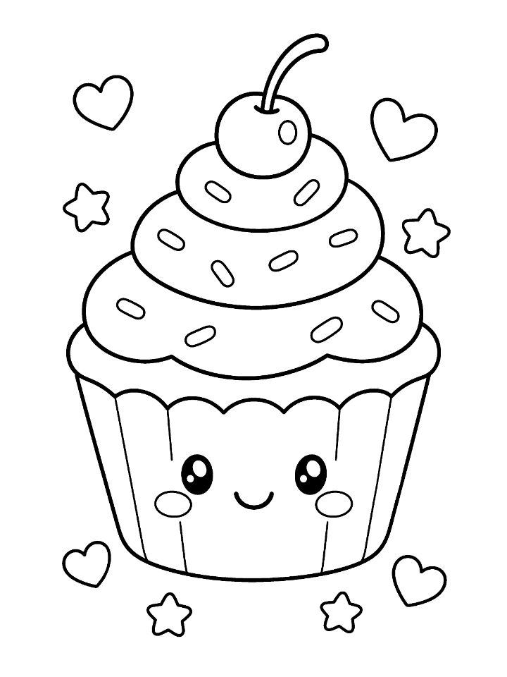 Coloriage kawaii facile d'un cupcake souriant avec une cerise, des vermicelles, des cœurs et des étoiles