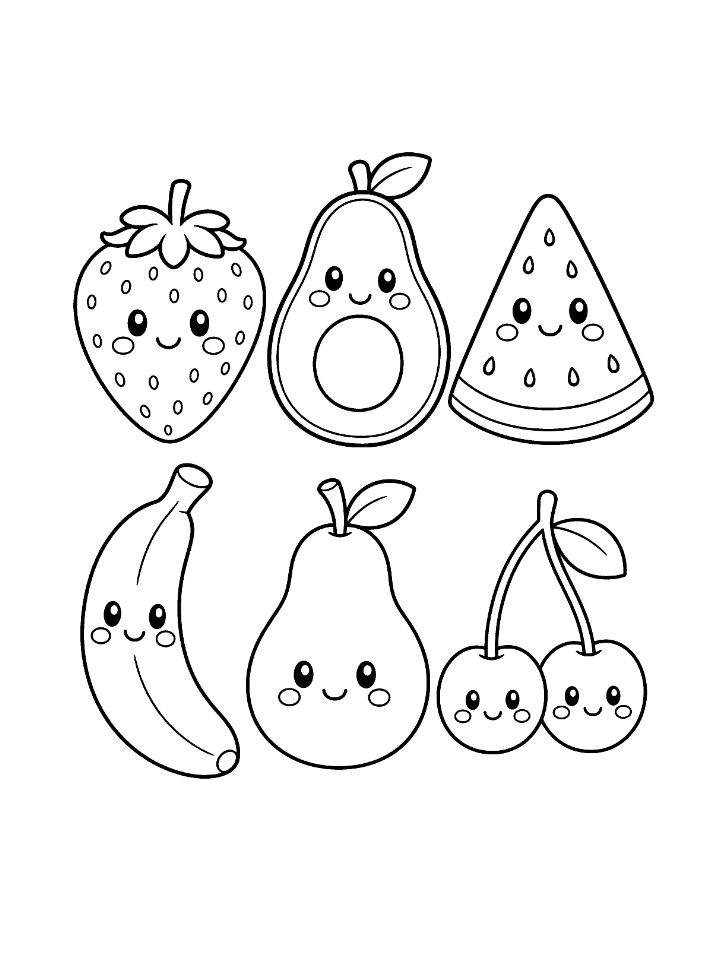 Coloriage de six fruits kawaii souriants : fraise, avocat, pastèque, banane, poire et cerises