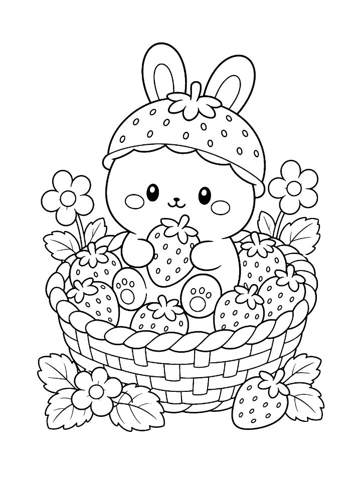 Coloriage kawaii d'un petit lapin coiffé d'un chapeau fraise, assis dans un panier de fraises