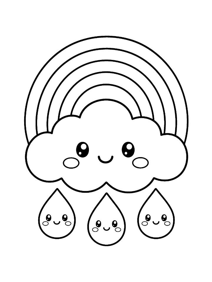 Coloriage kawaii d'un nuage souriant sous un arc-en-ciel, avec trois petites gouttes de pluie