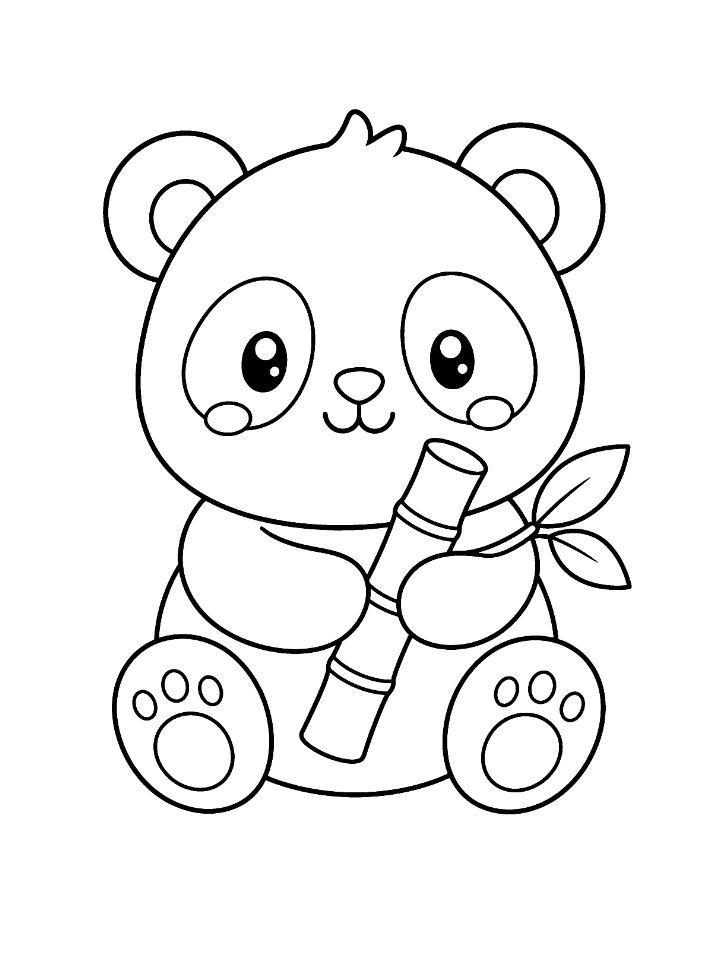 Coloriage kawaii d'un bébé panda assis qui serre une tige de bambou