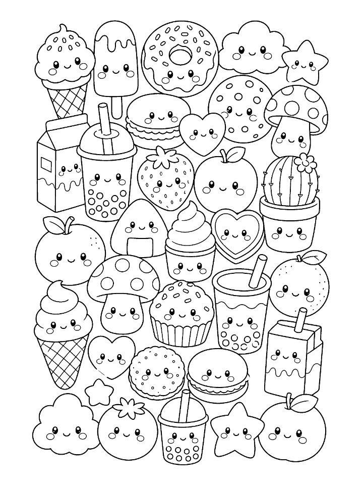 Planche de coloriage kawaii pour adultes, remplie d'une trentaine de petits dessins souriants : glaces, donuts, cookies, champignons, cactus