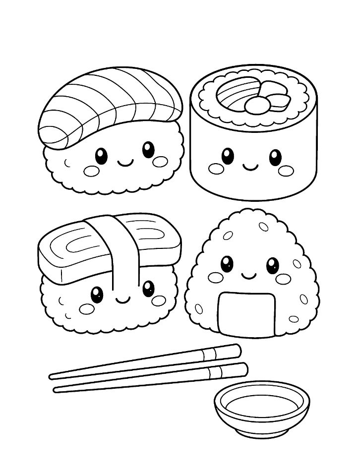 Coloriage de quatre sushis kawaii souriants avec des baguettes et une coupelle de sauce