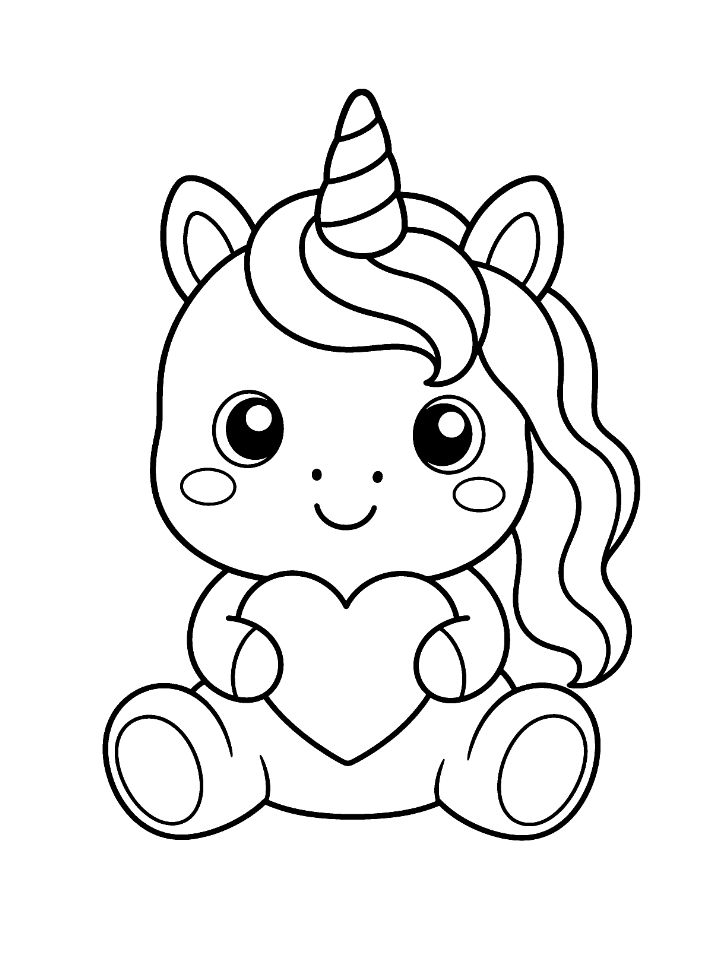 Coloriage kawaii d'un bébé licorne assis aux grands yeux, qui tient un cœur