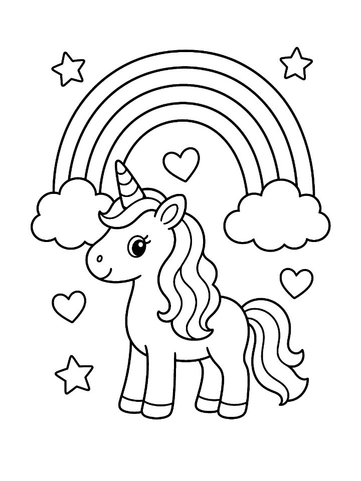 Coloriage d'une licorne debout sous un arc-en-ciel posé sur deux nuages, avec des cœurs et des étoiles