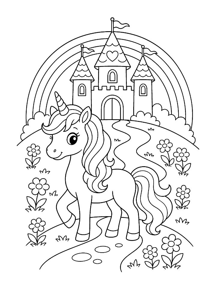 Coloriage d'une licorne sur un chemin fleuri devant un château de conte à trois tours, sous un arc-en-ciel