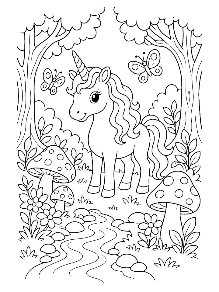 Coloriage d'une licorne dans une forêt enchantée, avec des champignons à pois, des fleurs, des papillons et un ruisseau