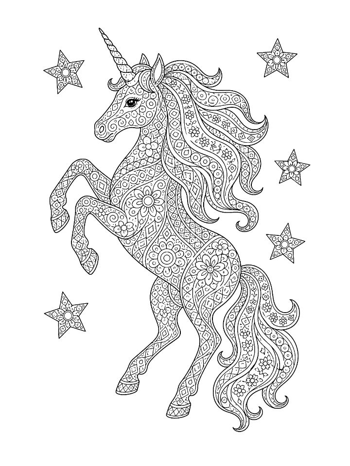 Coloriage de licorne à motifs pour adultes, cabrée, le corps et la crinière remplis de spirales, de ronds et de fleurs