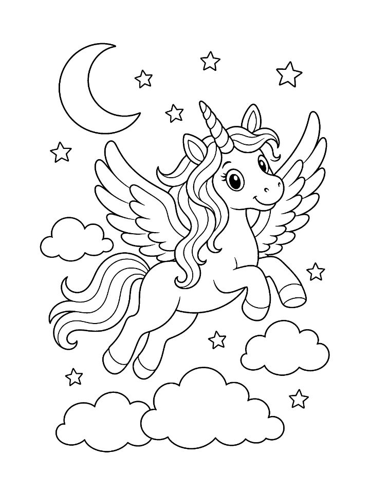Coloriage d'une licorne ailée qui vole entre les nuages, sous la lune et les étoiles