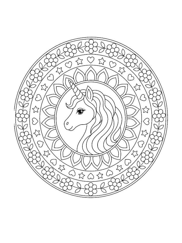Mandala licorne à imprimer : une tête de licorne au centre, entourée d'anneaux de pétales, d'étoiles, de cœurs et de fleurs