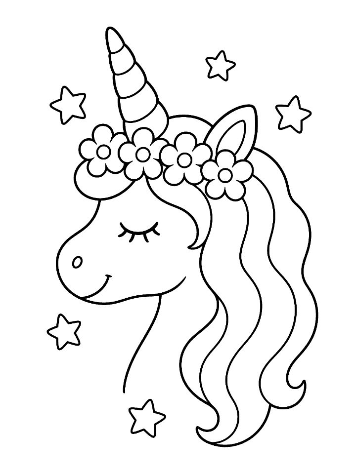 Coloriage facile d'une tête de licorne de profil, les yeux fermés, avec une couronne de fleurs et des étoiles