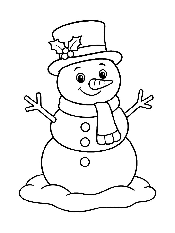 Coloriage du bonhomme de neige avec chapeau haut-de-forme, écharpe et nez en carotte, à imprimer