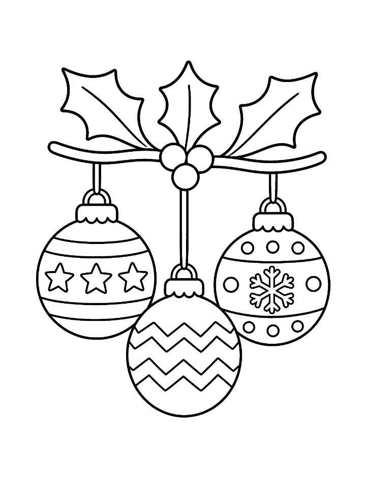 Coloriage de trois boules de Noël suspendues, décorées d'étoiles, de zigzags et d'un flocon