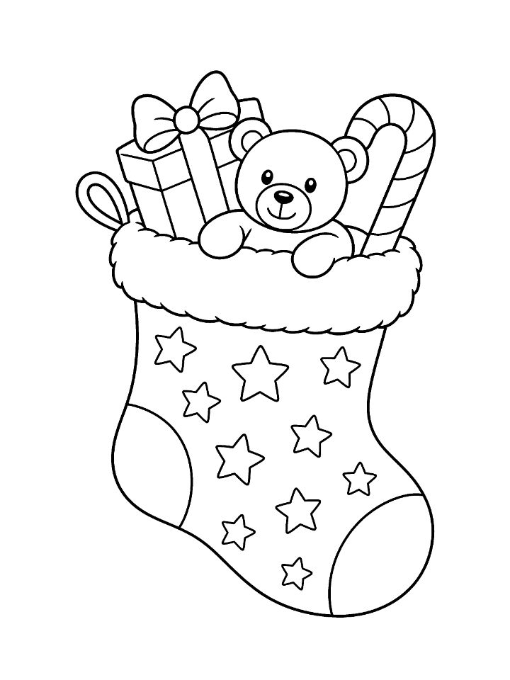Coloriage d'une chaussette de Noël garnie d'un cadeau, d'un ourson et d'un sucre d'orge
