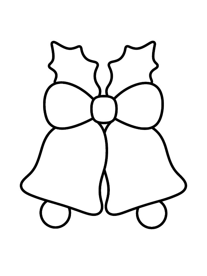 Coloriage de deux clochettes de Noël attachées par un nœud, avec deux feuilles de houx, pour enfants de 3 ans