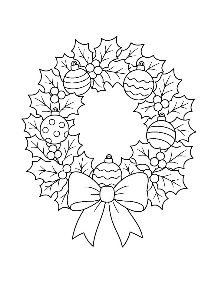 Coloriage d'une couronne de Noël en feuilles de houx, avec boules et grand nœud