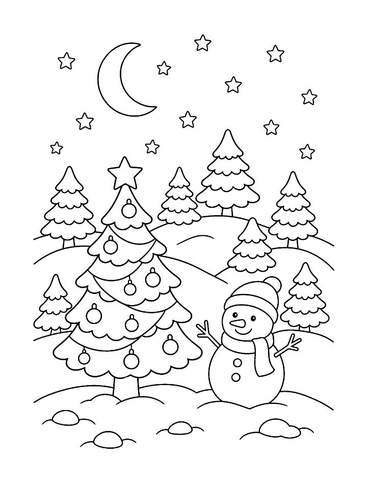 Coloriage d'une forêt de sapins sous la neige, la nuit, avec un bonhomme de neige et la lune