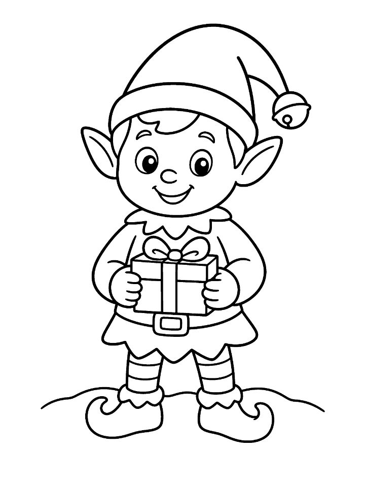 Coloriage d'un lutin de Noël souriant avec son bonnet pointu à grelot et un cadeau dans les mains