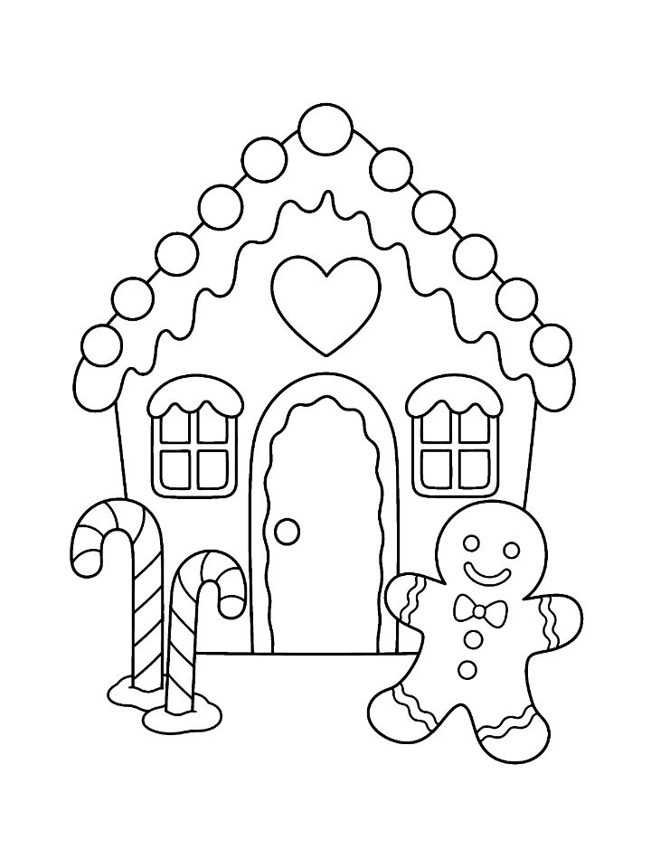 Coloriage de Noël grande section : maison en pain d'épices avec bonbons, bonhomme en pain d'épices et sucres d'orge