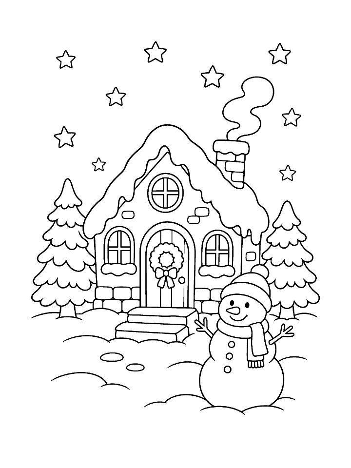 Coloriage d'une maison de Noël sous la neige, avec cheminée qui fume, sapins et bonhomme de neige