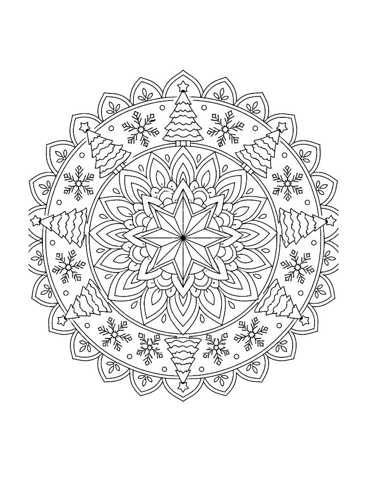 Mandala de Noël à colorier : rosace de sapins, flocons, étoiles et pétales, pour adultes et enfants dès 8 ans