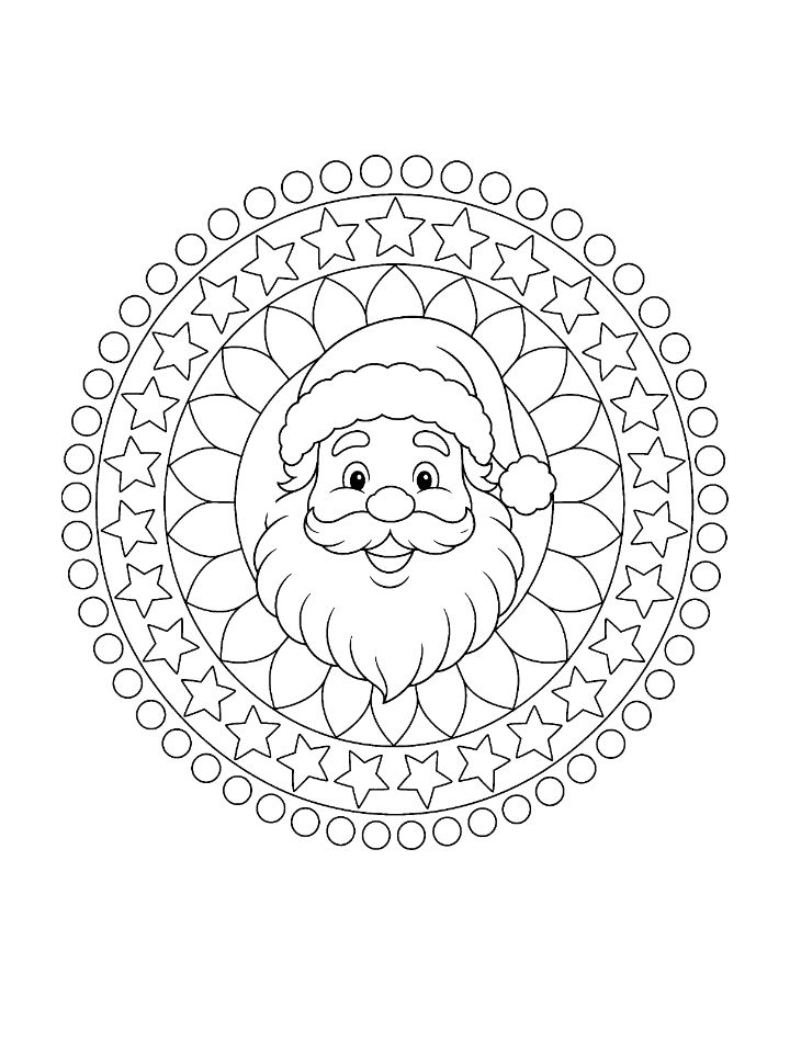 Mandala du père Noël à colorier : rosace de motifs, d'étoiles et de pétales autour du visage du père Noël