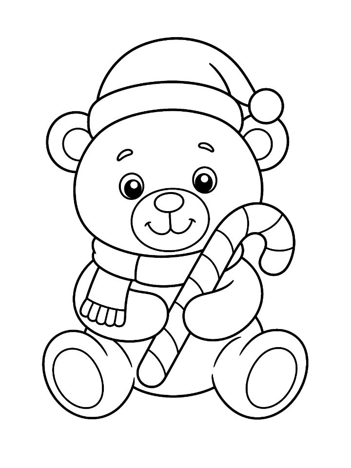 Coloriage maternelle d'un ourson assis avec un bonnet de père Noël, une écharpe et un sucre d'orge