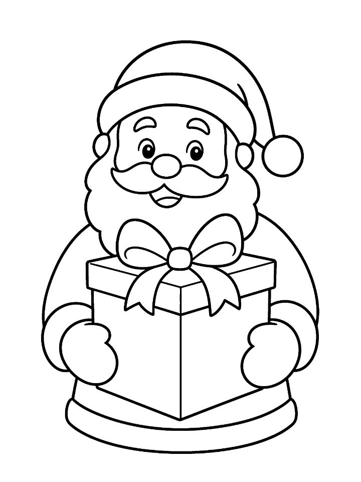 Coloriage du père Noël qui tient un gros cadeau dans ses bras, à imprimer gratuitement