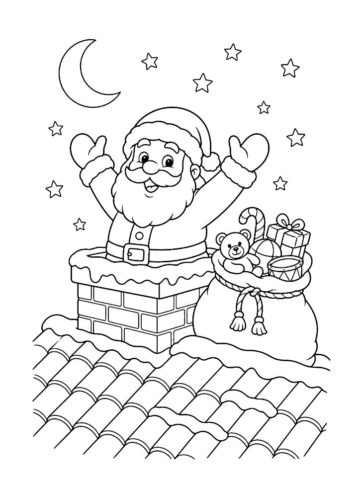 Coloriage du père Noël qui sort d'une cheminée sur un toit enneigé, la nuit, avec sa hotte
