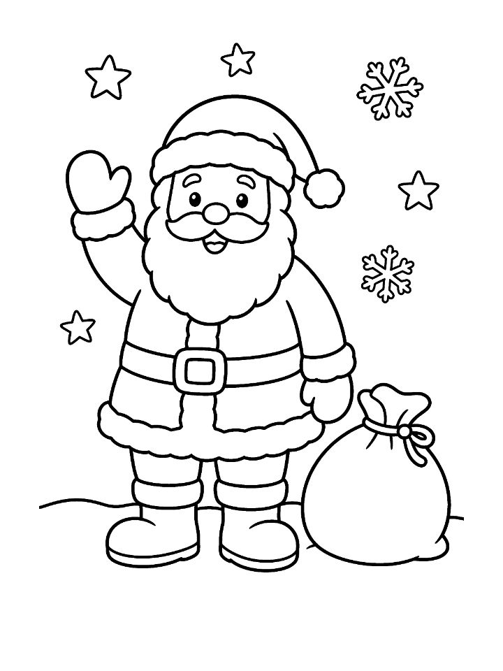 Coloriage du père Noël qui salue de la main, debout avec sa hotte, à imprimer pour enfants