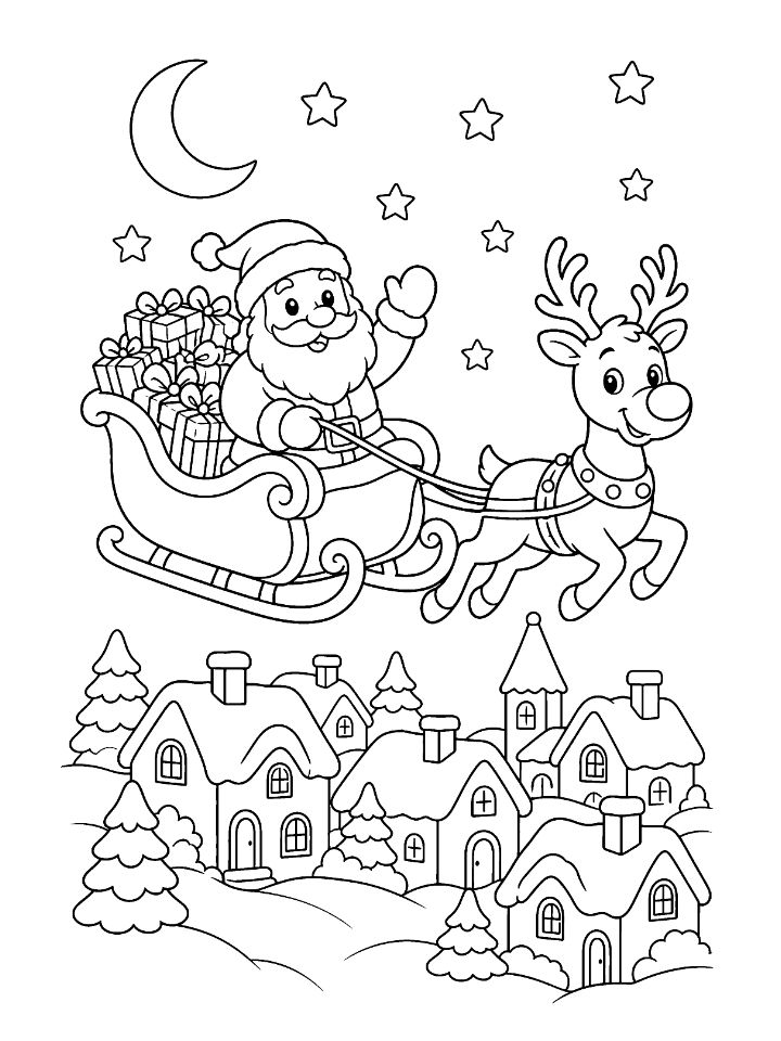 Coloriage du père Noël dans son traîneau tiré par un renne au-dessus des toits, sous la lune