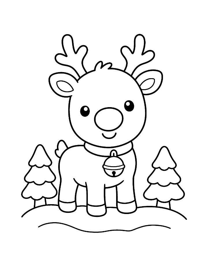 Coloriage facile d'un renne de Noël au nez rouge avec son collier à grelot, dans la neige