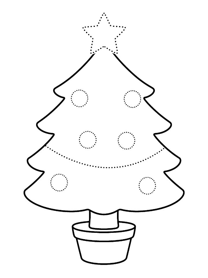 Sapin de Noël à décorer : coloriage avec boules, guirlande et étoile en pointillés à repasser