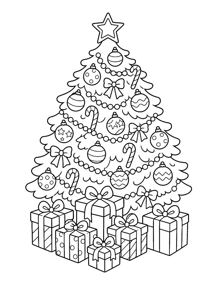 Coloriage d'un sapin de Noël décoré de guirlandes, de boules et de sucres d'orge, avec une pile de cadeaux