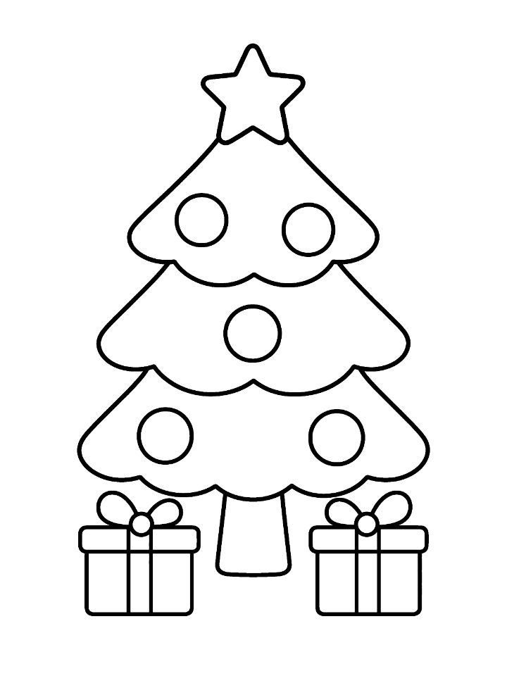 Coloriage facile d'un grand sapin de Noël avec étoile, boules et cadeaux au pied, pour enfants de 3 ans
