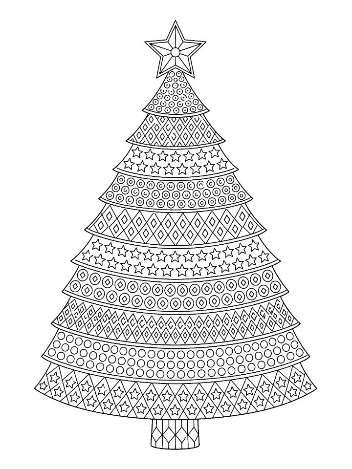 Coloriage de sapin de Noël à motifs pour adultes : bandes de ronds, d'étoiles et de losanges