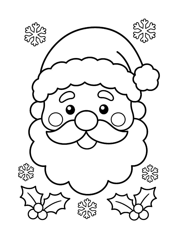 Coloriage du visage du père Noël en gros plan, avec bonnet et grande barbe, très facile