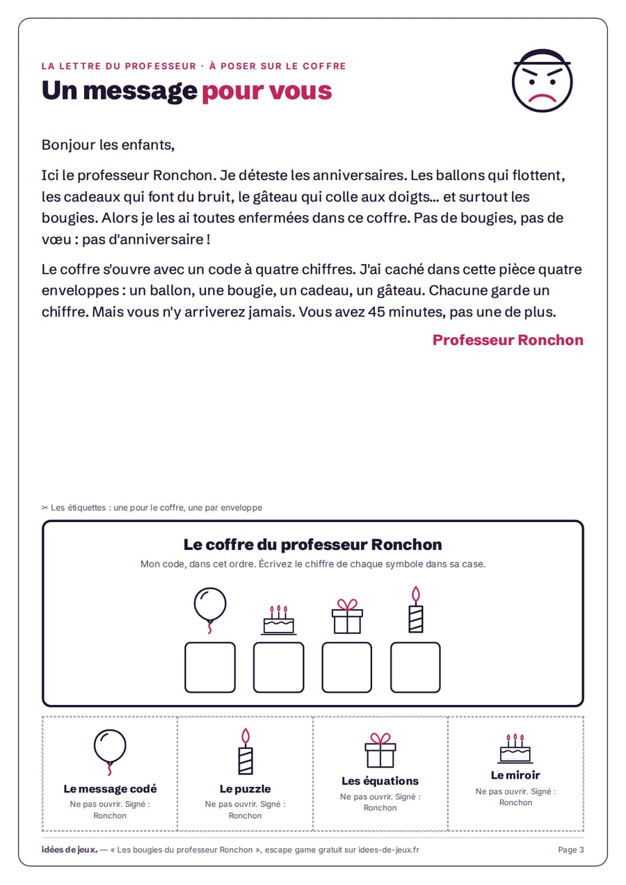 Lettre du professeur Ronchon à imprimer pour un escape game d'anniversaire, avec l'étiquette du coffre et les étiquettes des quatre enveloppes