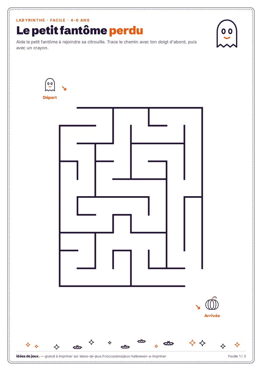 Labyrinthe d'Halloween à imprimer pour enfants : aider le petit fantôme à rejoindre sa citrouille