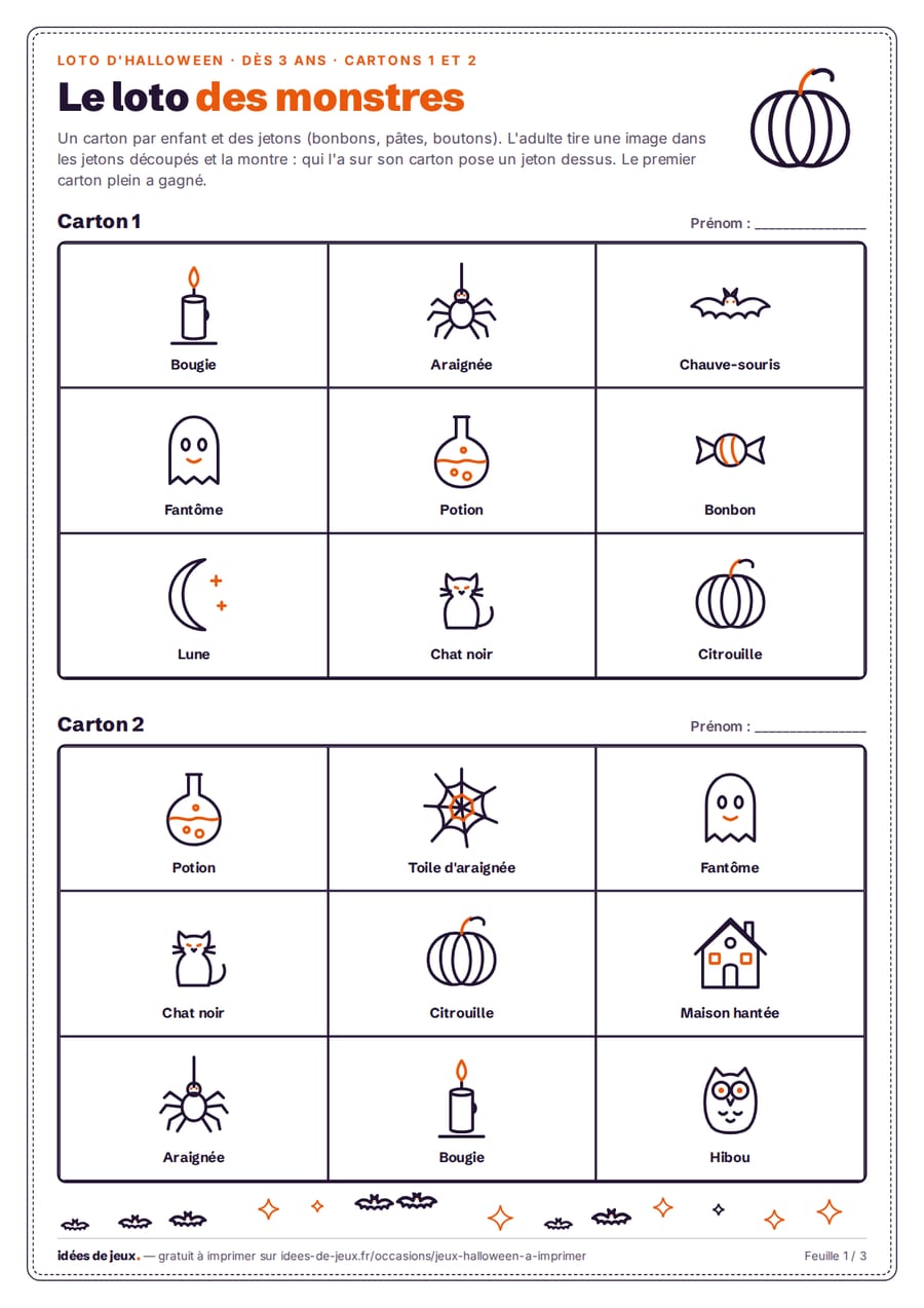 Loto d'Halloween à imprimer : cartons de neuf images au trait, citrouille, fantôme, chauve-souris, chat noir, chaudron