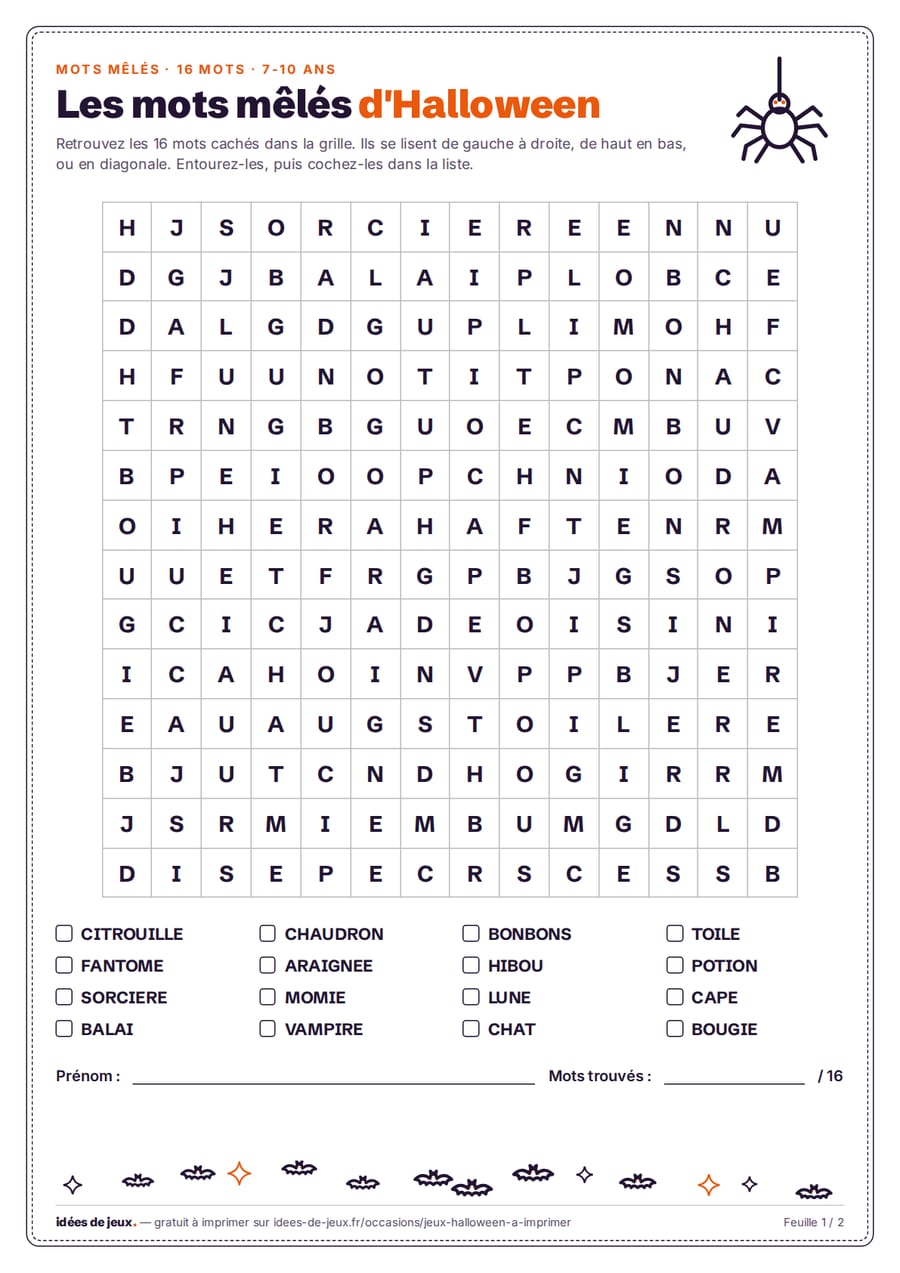 Mots mêlés d'Halloween à imprimer : grille de 14 cases sur 14 avec 16 mots à retrouver, citrouille, sorcière, chaudron